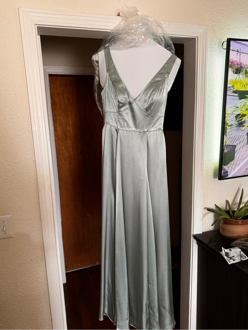 Satin V-Neck Evening Gown in Dusy Sage
